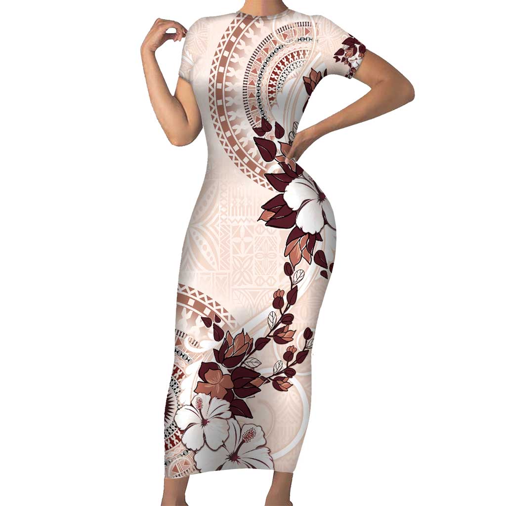 Bula Fiji Language Week Short Sleeve Bodycon Dress Fijian Tapa Pattern With Tagimoucia Flower