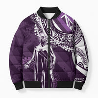 Hawaii Queen Liliuokalani Bomber Puffer Jacket Hawaiian Maile Lei Flag Style LT05 Unisex Purple - Polynesian Pride