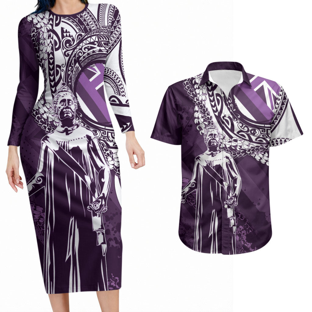 Hawaii Queen Liliuokalani Couples Matching Long Sleeve Bodycon Dress and Hawaiian Shirt Hawaiian Maile Lei Flag Style LT05 Purple - Polynesian Pride