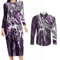 Hawaii Queen Liliuokalani Couples Matching Long Sleeve Bodycon Dress and Long Sleeve Button Shirt Hawaiian Maile Lei Flag Style LT05 Purple - Polynesian Pride