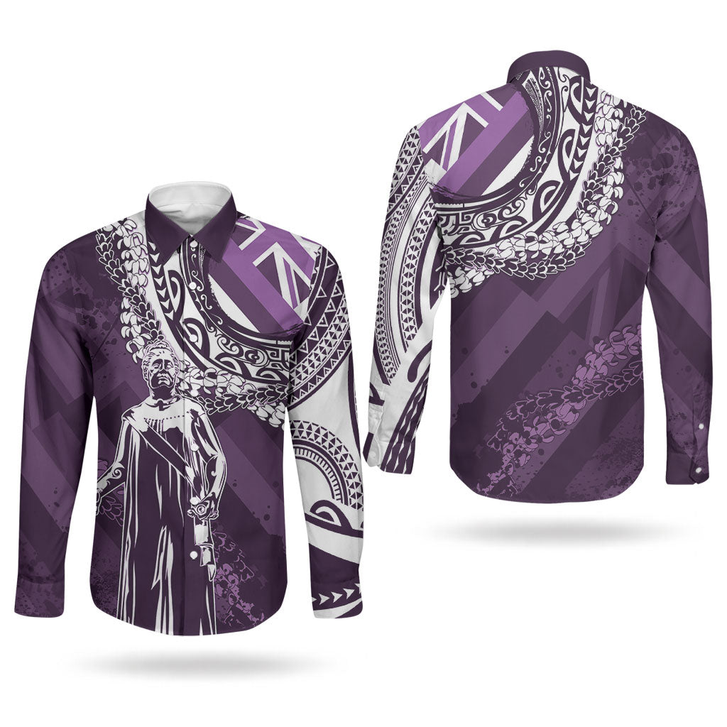 Hawaii Queen Liliuokalani Couples Matching Long Sleeve Bodycon Dress and Long Sleeve Button Shirt Hawaiian Maile Lei Flag Style LT05 - Polynesian Pride
