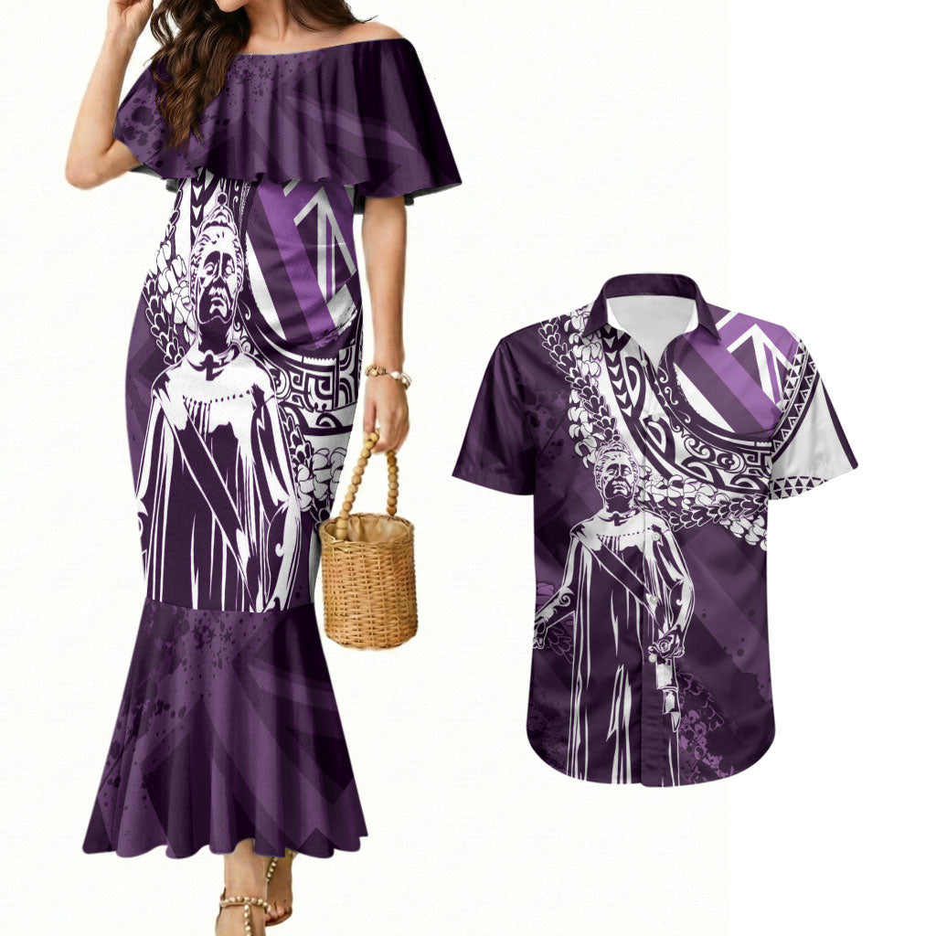 Hawaii Queen Liliuokalani Couples Matching Mermaid Dress and Hawaiian Shirt Hawaiian Maile Lei Flag Style LT05 Purple - Polynesian Pride