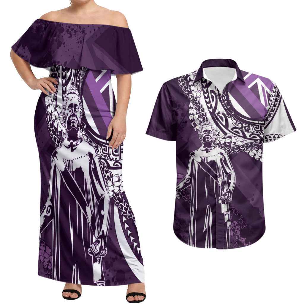 Hawaii Queen Liliuokalani Couples Matching Off Shoulder Maxi Dress and Hawaiian Shirt Hawaiian Maile Lei Flag Style LT05 Purple - Polynesian Pride