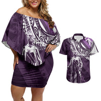 Hawaii Queen Liliuokalani Couples Matching Off Shoulder Short Dress and Hawaiian Shirt Hawaiian Maile Lei Flag Style LT05 Purple - Polynesian Pride