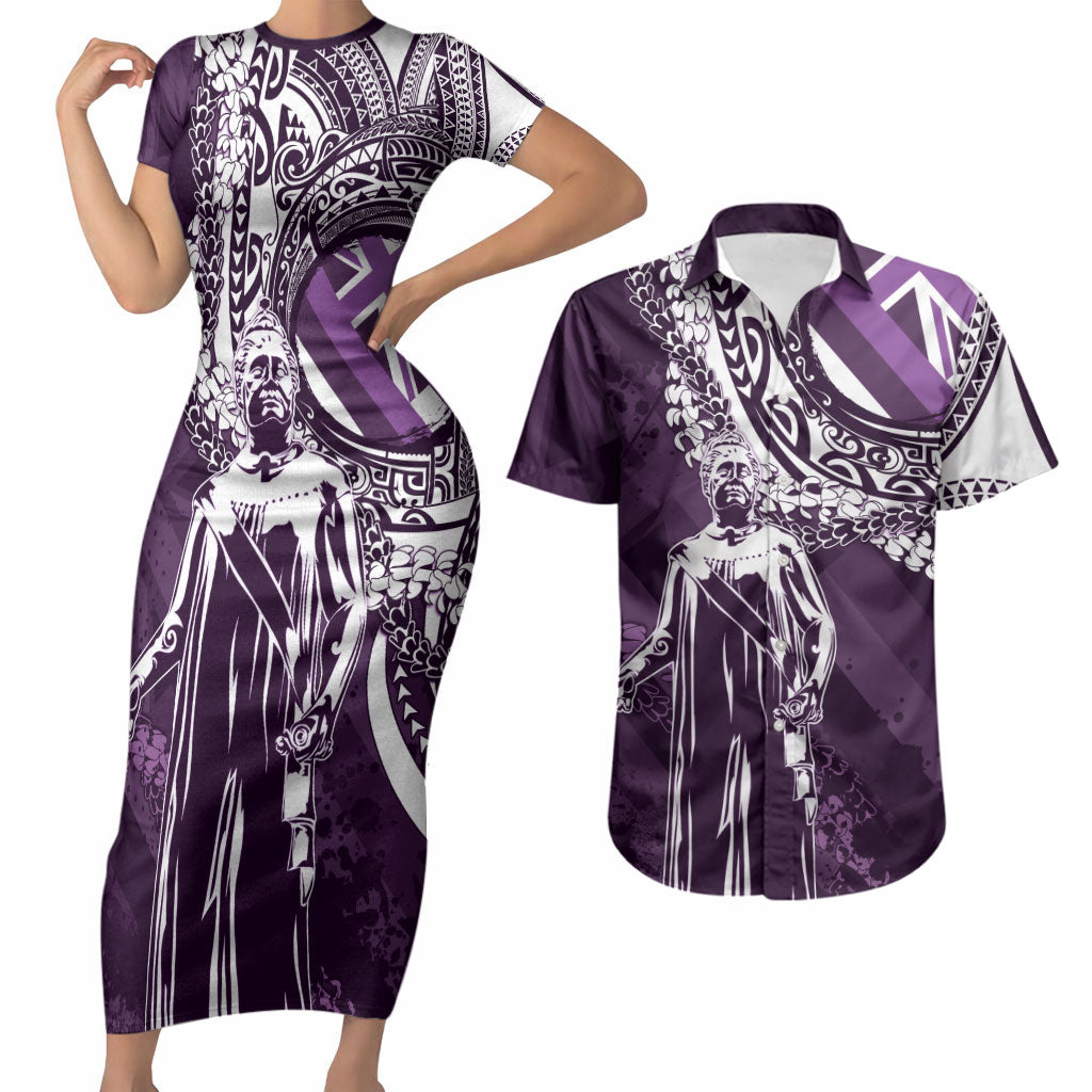 Hawaii Queen Liliuokalani Couples Matching Short Sleeve Bodycon Dress and Hawaiian Shirt Hawaiian Maile Lei Flag Style LT05 Purple - Polynesian Pride
