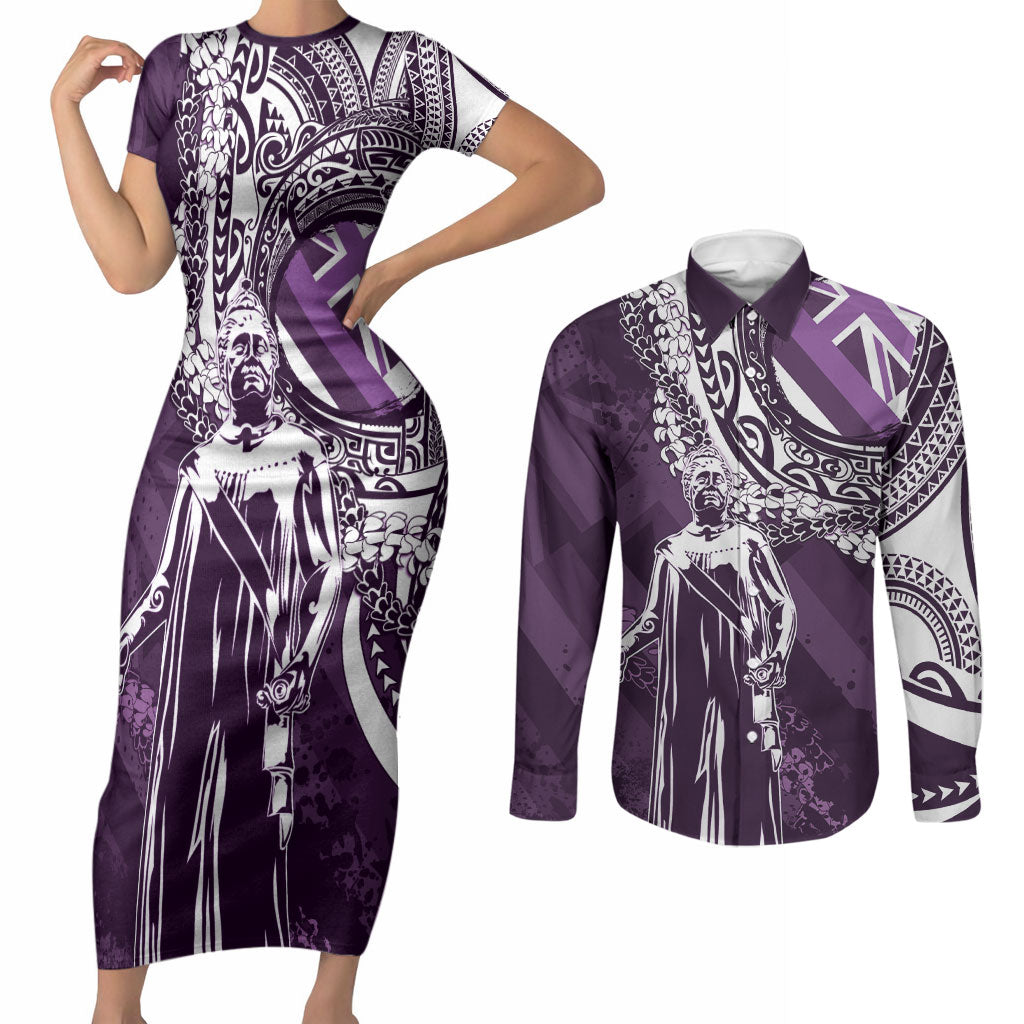 Hawaii Queen Liliuokalani Couples Matching Short Sleeve Bodycon Dress and Long Sleeve Button Shirt Hawaiian Maile Lei Flag Style LT05 Purple - Polynesian Pride