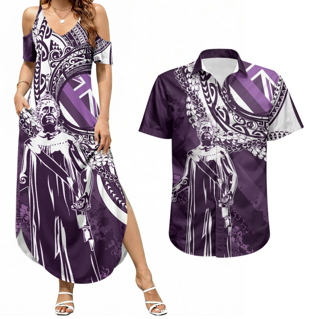Hawaii Queen Liliuokalani Couples Matching Summer Maxi Dress and Hawaiian Shirt Hawaiian Maile Lei Flag Style LT05 Purple - Polynesian Pride