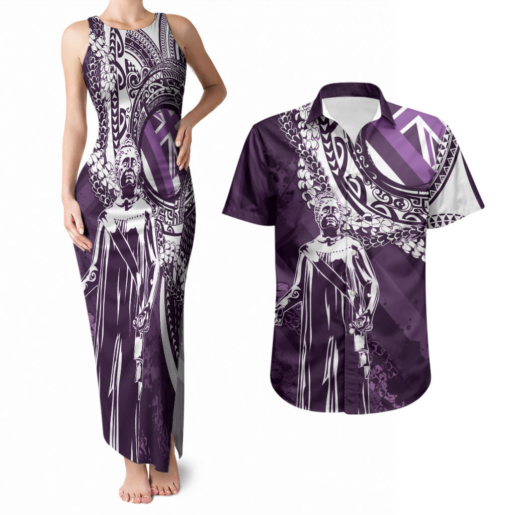 Hawaii Queen Liliuokalani Couples Matching Tank Maxi Dress and Hawaiian Shirt Hawaiian Maile Lei Flag Style LT05 Purple - Polynesian Pride