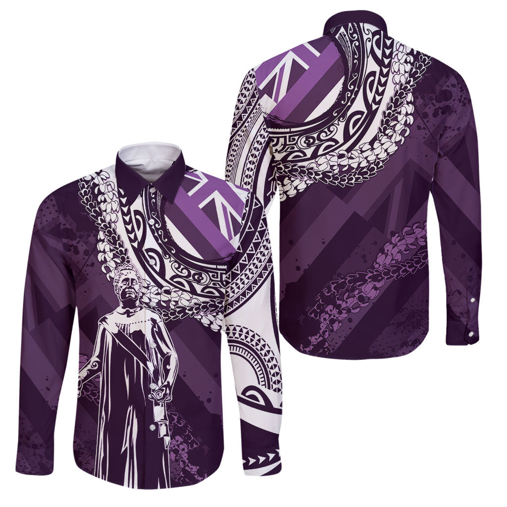 Hawaii Queen Liliuokalani Family Matching Tank Maxi Dress and Hawaiian Shirt Hawaiian Maile Lei Flag Style LT05 Dad's Shirt - Long Sleeve Purple - Polynesian Pride