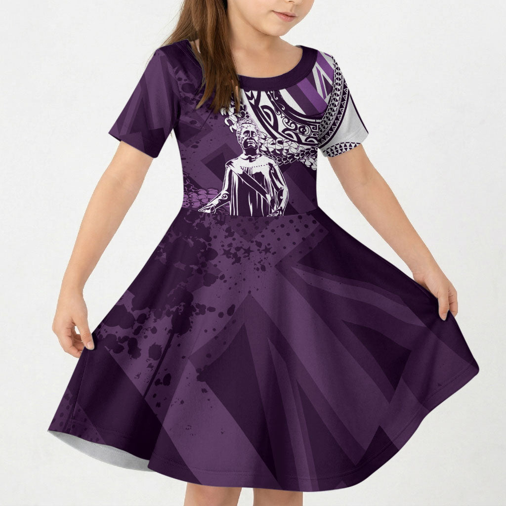 Hawaii Queen Liliuokalani Kid Short Sleeve Dress Hawaiian Maile Lei Flag Style LT05 KID Purple - Polynesian Pride