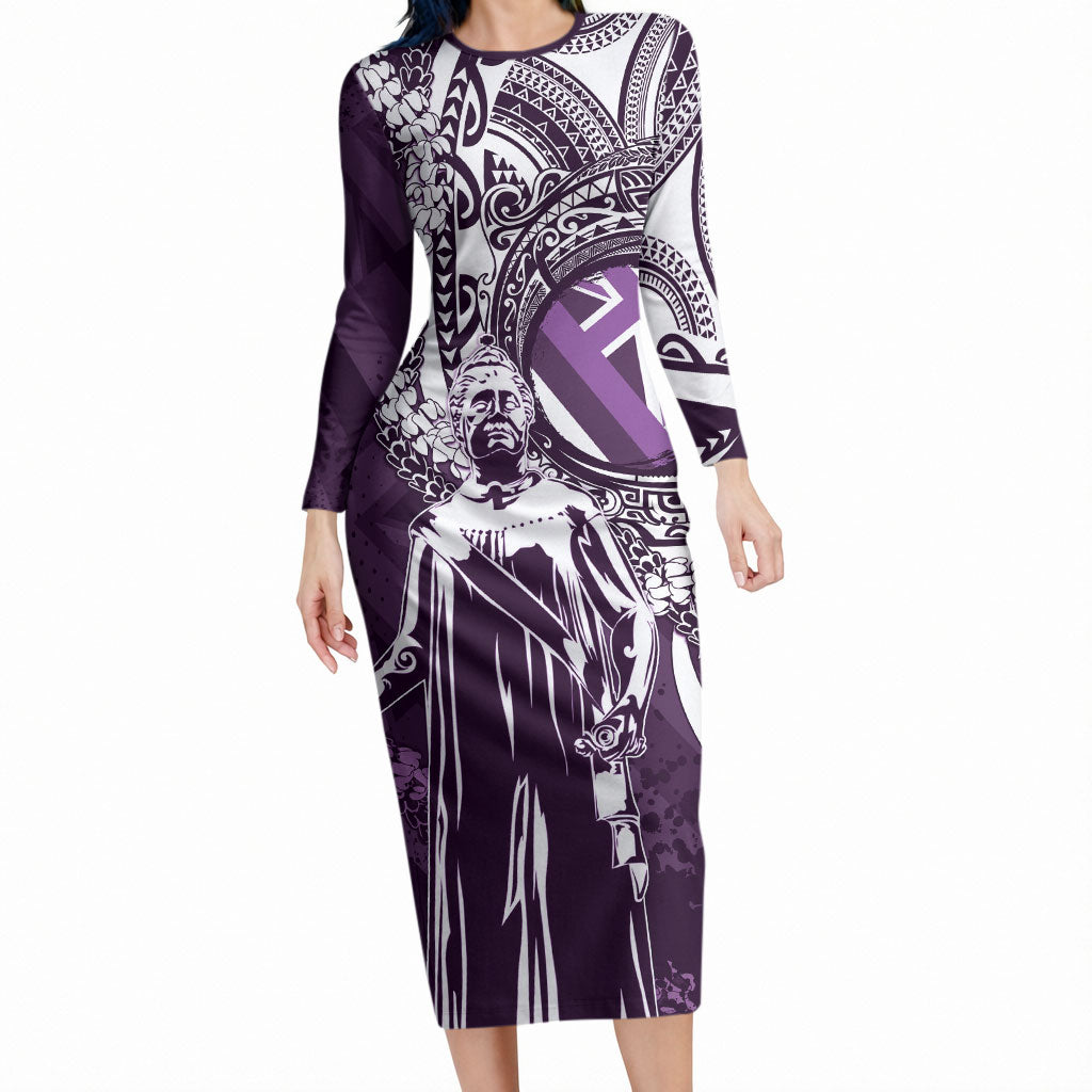 Hawaii Queen Liliuokalani Long Sleeve Bodycon Dress Hawaiian Maile Lei Flag Style LT05 Long Dress Purple - Polynesian Pride