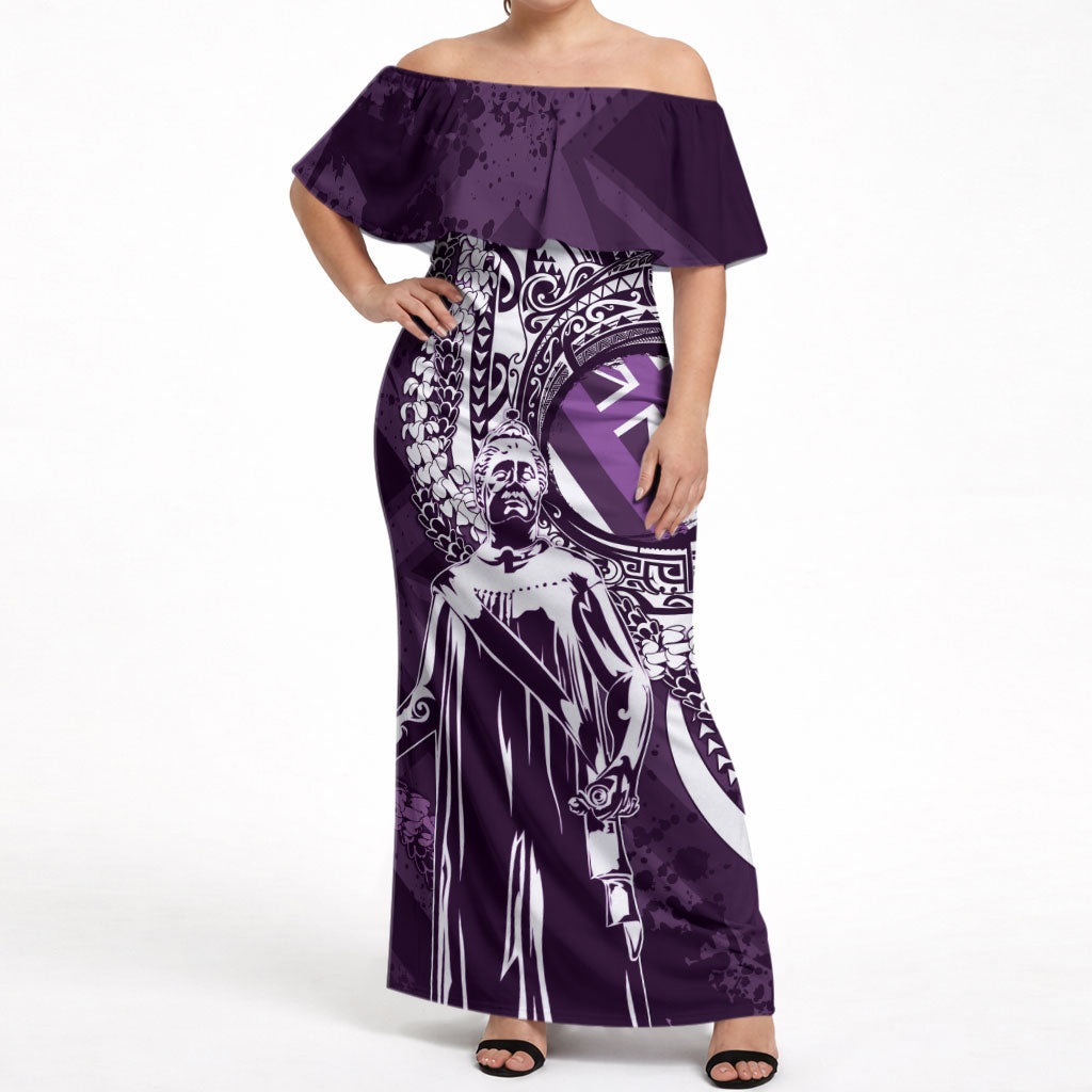 Hawaii Queen Liliuokalani Off Shoulder Maxi Dress Hawaiian Maile Lei Flag Style LT05 Women Purple - Polynesian Pride