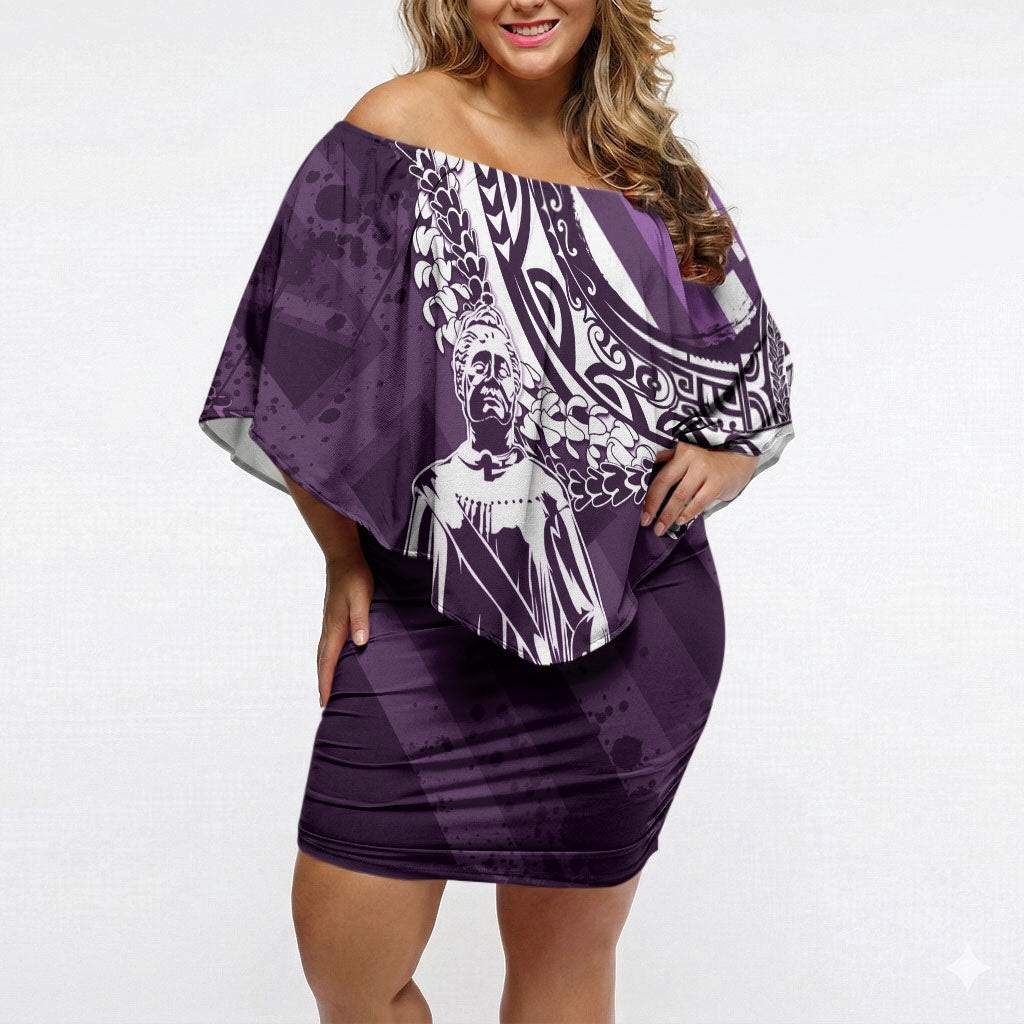 Hawaii Queen Liliuokalani Off Shoulder Short Dress Hawaiian Maile Lei Flag Style