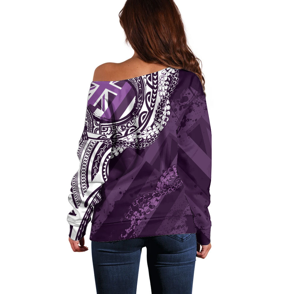 Hawaii Queen Liliuokalani Off Shoulder Sweater Hawaiian Maile Lei Flag Style LT05 - Polynesian Pride