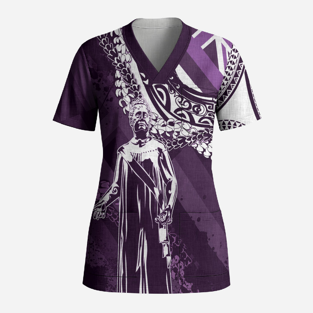 Hawaii Queen Liliuokalani Scrub Top Hawaiian Maile Lei Flag Style LT05 Adult Purple - Polynesian Pride