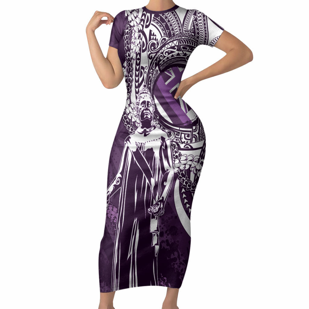 Hawaii Queen Liliuokalani Short Sleeve Bodycon Dress Hawaiian Maile Lei Flag Style LT05 Long Dress Purple - Polynesian Pride