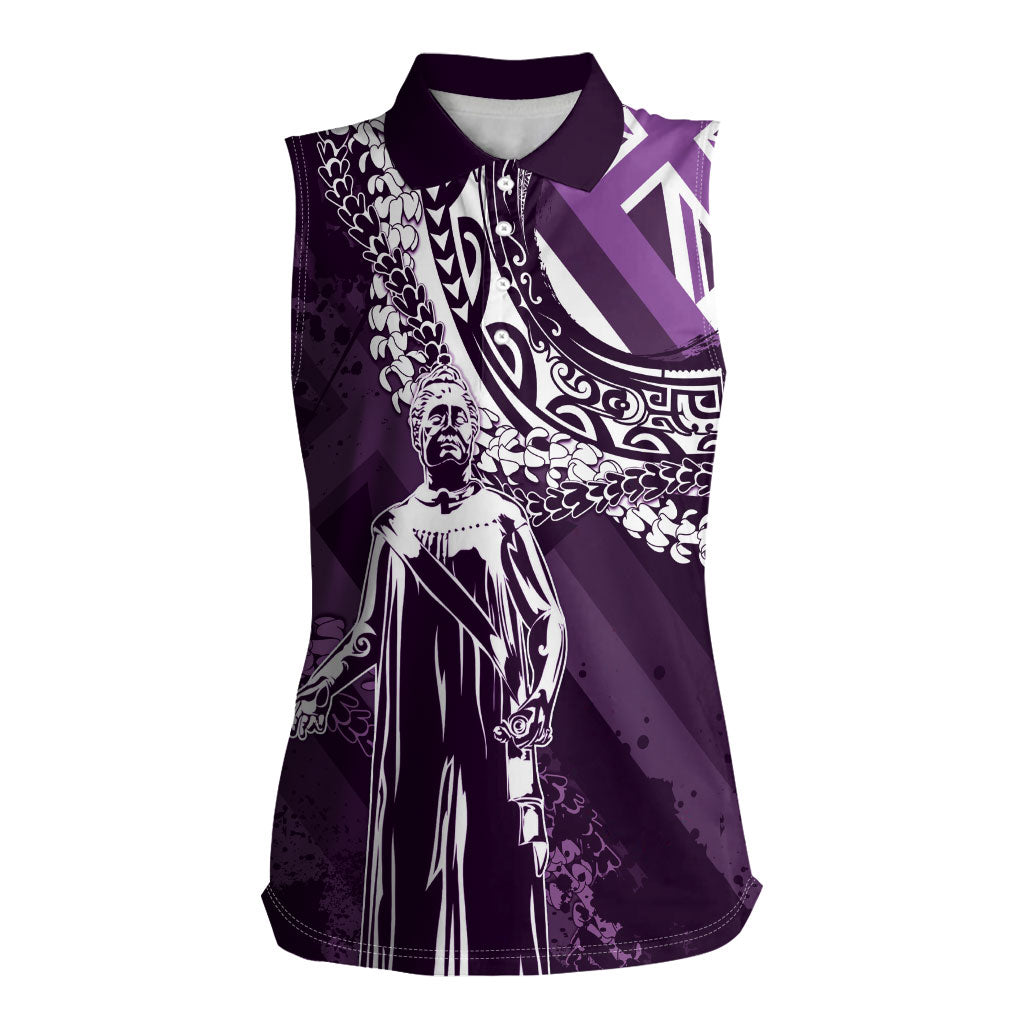 Hawaii Queen Liliuokalani Women Sleeveless Polo Shirt Hawaiian Maile Lei Flag Style LT05 Female Purple - Polynesian Pride