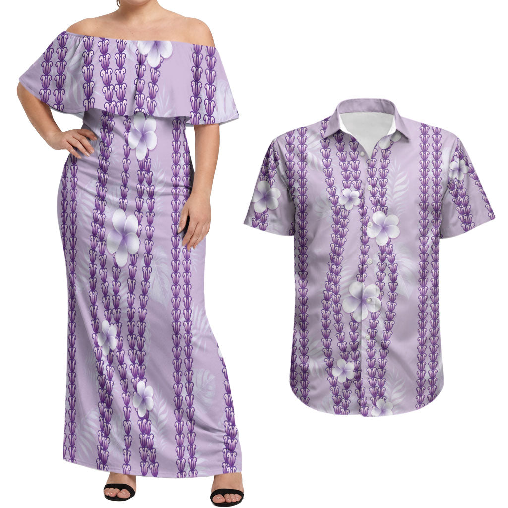 Hawaii Queen Liliuokalani Couples Matching Off Shoulder Maxi Dress and Hawaiian Shirt Lavender Lei Pua Kalaunu LT05 Lavender - Polynesian Pride