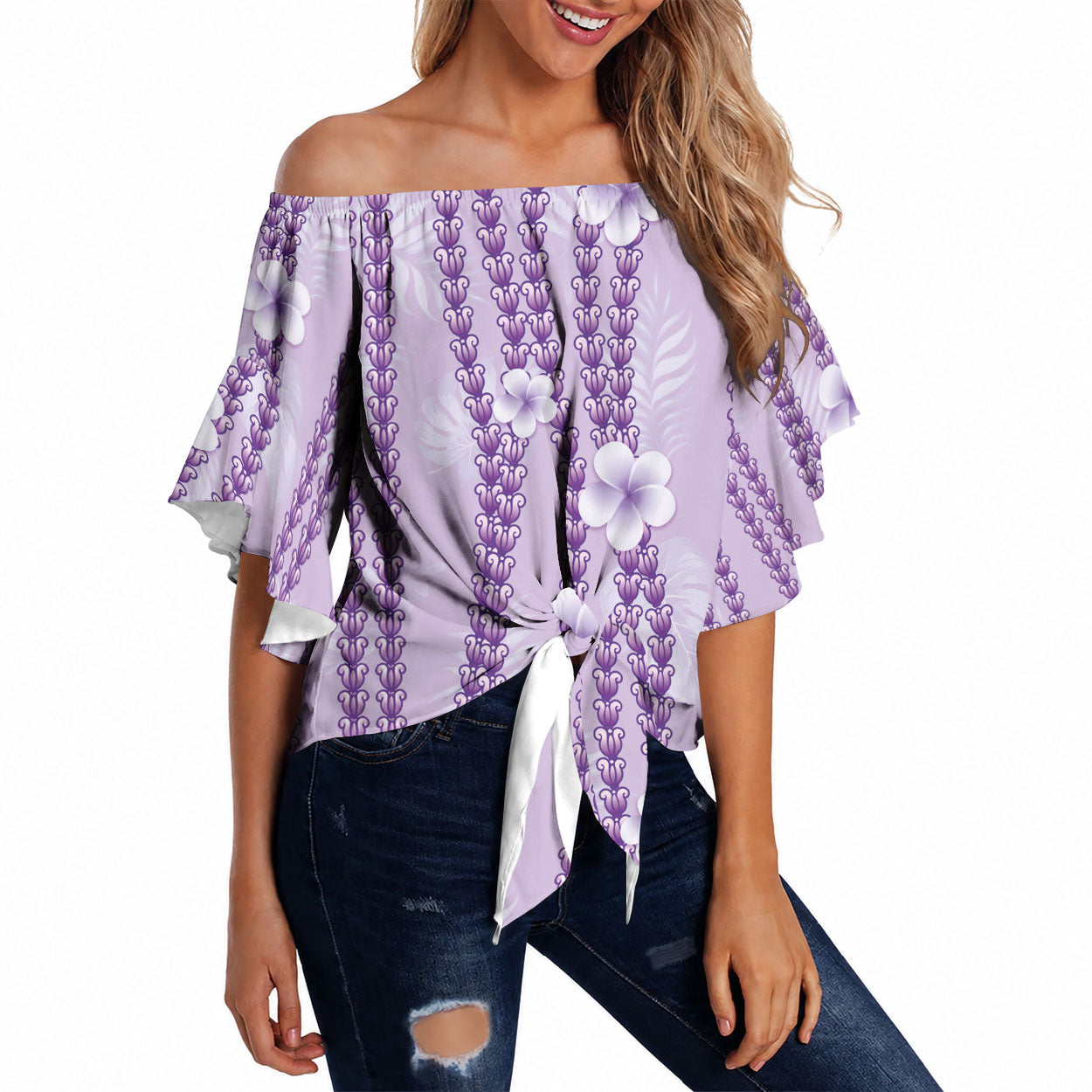Hawaii Queen Liliuokalani Off Shoulder Wrap Waist Top Lavender Lei Pua Kalaunu LT05 Lavender - Polynesian Pride