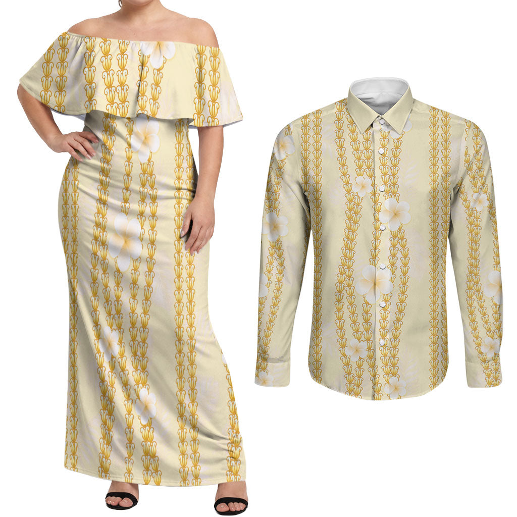 Hawaii Queen Liliuokalani Couples Matching Off Shoulder Maxi Dress and Long Sleeve Button Shirt Gold Lei Pua Kalaunu LT05 Gold - Polynesian Pride