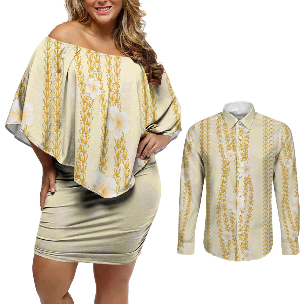 Hawaii Queen Liliuokalani Couples Matching Off Shoulder Short Dress and Long Sleeve Button Shirt Gold Lei Pua Kalaunu LT05 Gold - Polynesian Pride