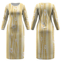 Hawaii Queen Liliuokalani Family Matching Long Sleeve Bodycon Dress and Hawaiian Shirt Gold Lei Pua Kalaunu LT05 Mom's Dress Gold - Polynesian Pride