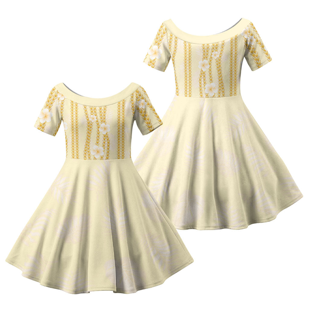 Hawaii Queen Liliuokalani Family Matching Off The Shoulder Long Sleeve Dress and Hawaiian Shirt Gold Lei Pua Kalaunu LT05 Daughter's Dress Gold - Polynesian Pride