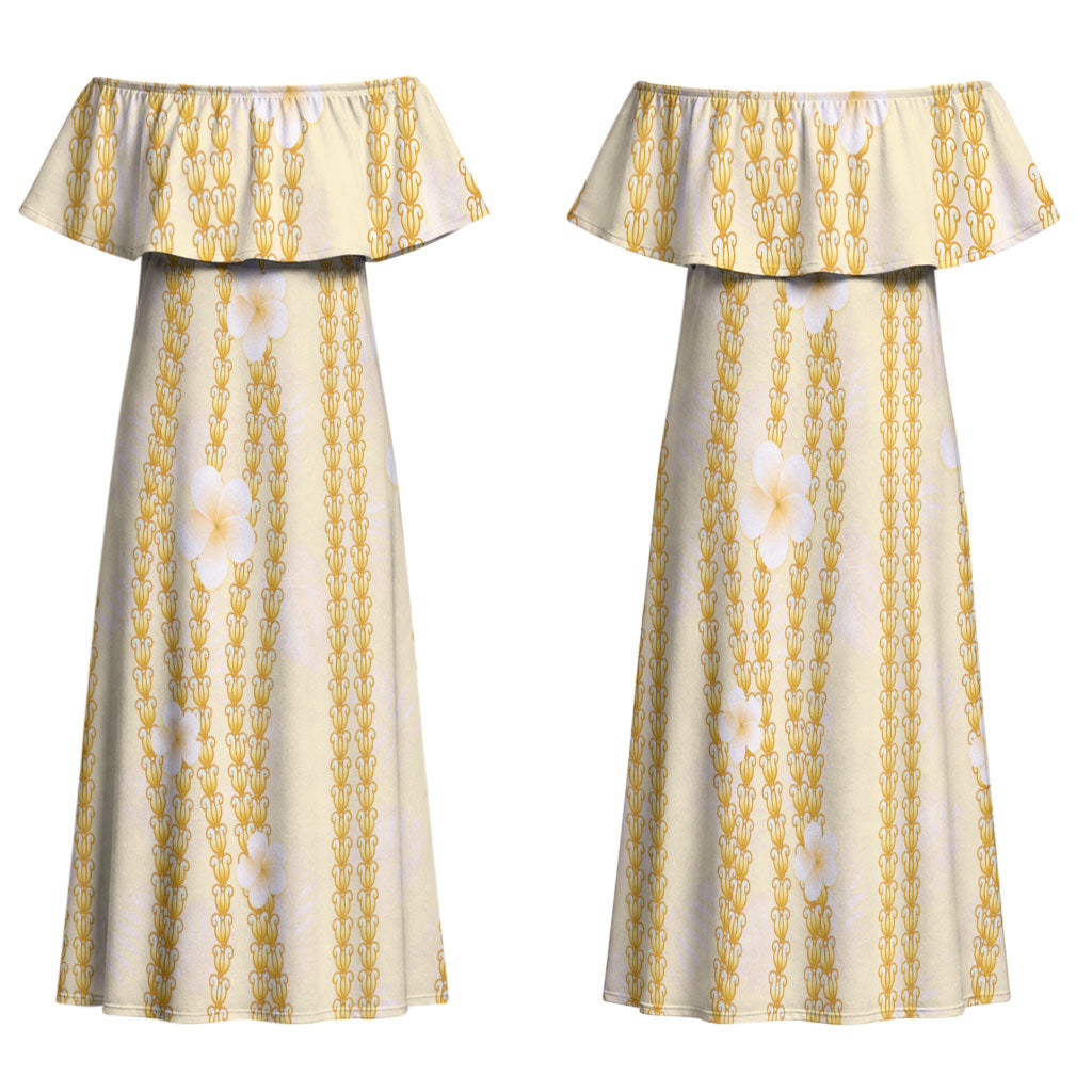 Hawaii Queen Liliuokalani Family Matching Off Shoulder Maxi Dress and Hawaiian Shirt Gold Lei Pua Kalaunu LT05 Mom's Dress Gold - Polynesian Pride