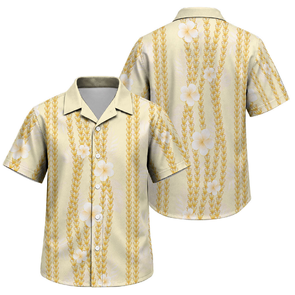 Hawaii Queen Liliuokalani Family Matching Off Shoulder Short Dress and Hawaiian Shirt Gold Lei Pua Kalaunu LT05 Son's Shirt Gold - Polynesian Pride