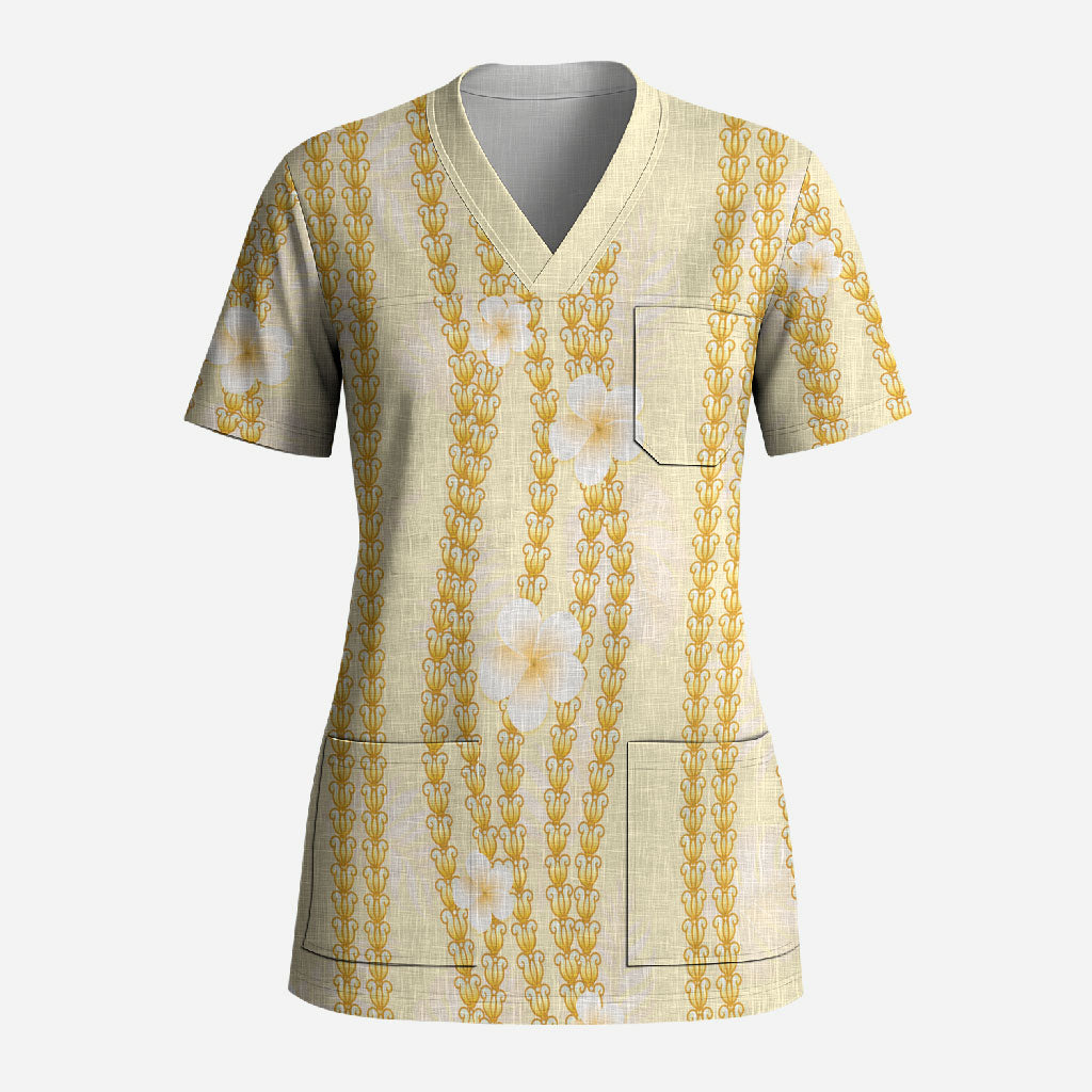 Hawaii Queen Liliuokalani Scrub Top Gold Lei Pua Kalaunu LT05 Adult Gold - Polynesian Pride