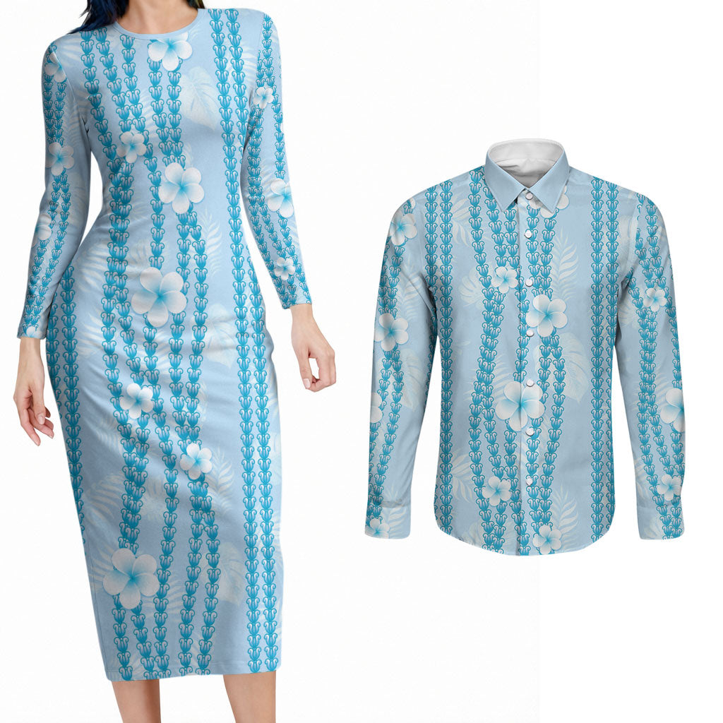 Hawaii Queen Liliuokalani Couples Matching Long Sleeve Bodycon Dress and Long Sleeve Button Shirt Blue Lei Pua Kalaunu LT05 Blue - Polynesian Pride
