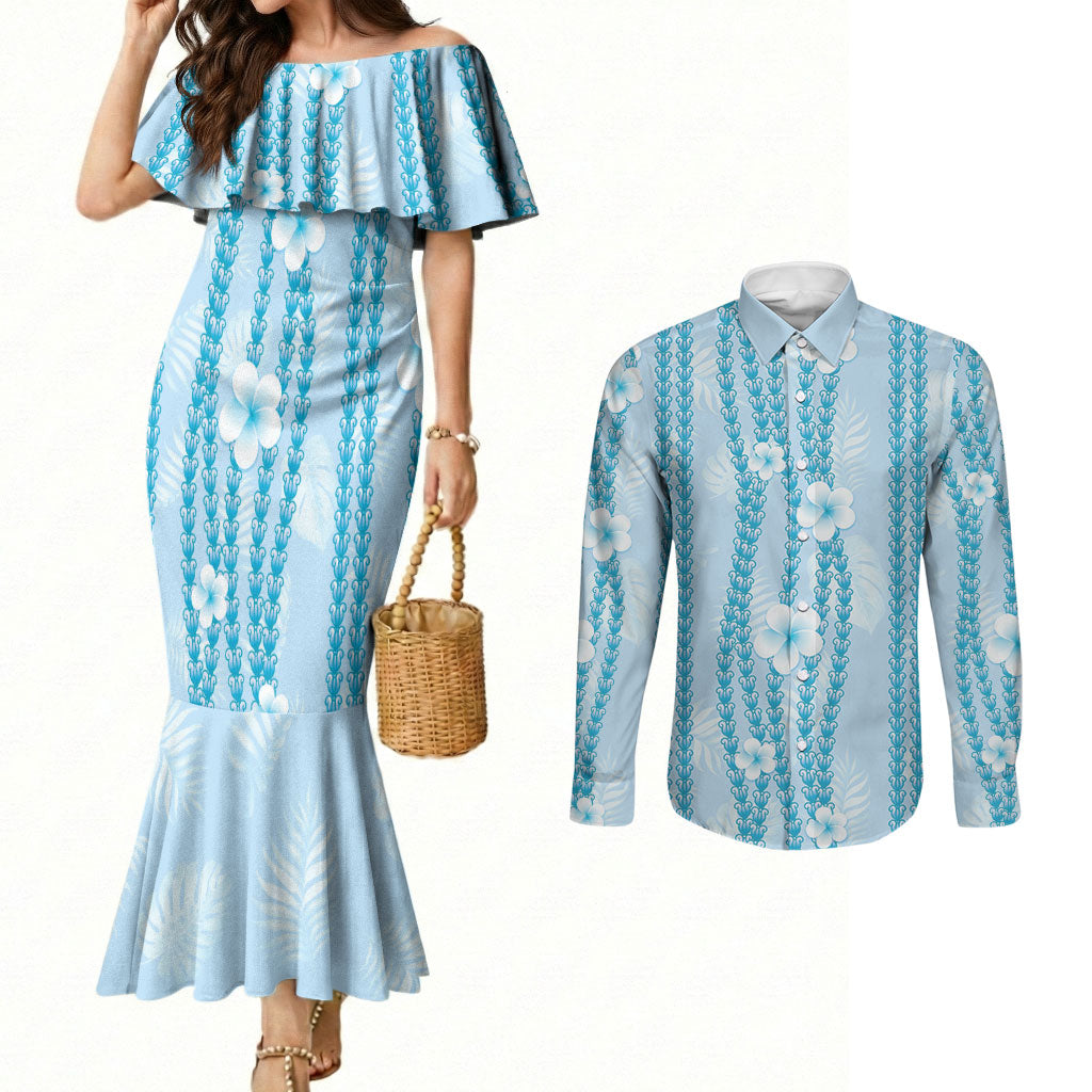 Hawaii Queen Liliuokalani Couples Matching Mermaid Dress and Long Sleeve Button Shirt Blue Lei Pua Kalaunu LT05 Blue - Polynesian Pride