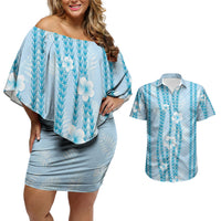 Hawaii Queen Liliuokalani Couples Matching Off Shoulder Short Dress and Hawaiian Shirt Blue Lei Pua Kalaunu LT05 Blue - Polynesian Pride