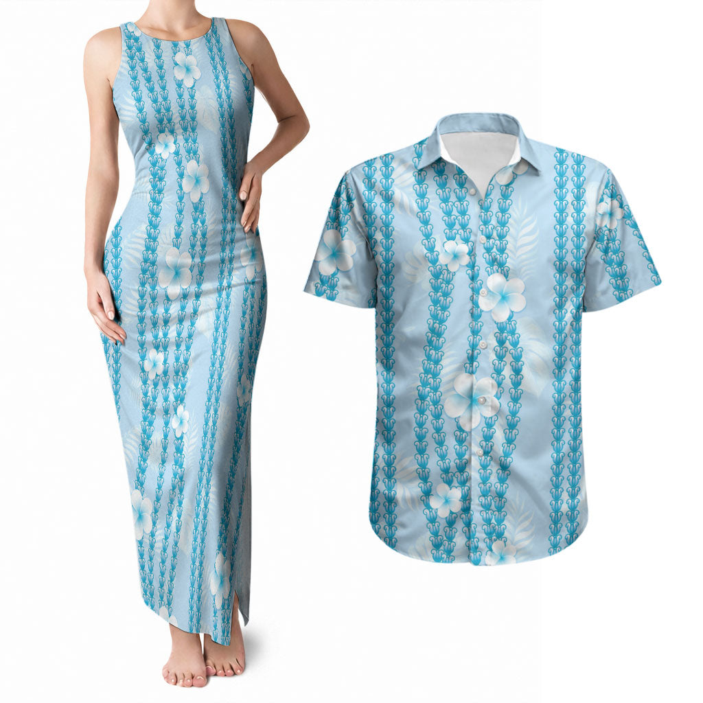 Hawaii Queen Liliuokalani Couples Matching Tank Maxi Dress and Hawaiian Shirt Blue Lei Pua Kalaunu LT05 Blue - Polynesian Pride