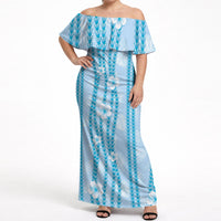 Hawaii Queen Liliuokalani Off Shoulder Maxi Dress Blue Lei Pua Kalaunu LT05 Women Blue - Polynesian Pride