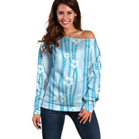Hawaii Queen Liliuokalani Off Shoulder Sweater Blue Lei Pua Kalaunu LT05 Women Blue - Polynesian Pride