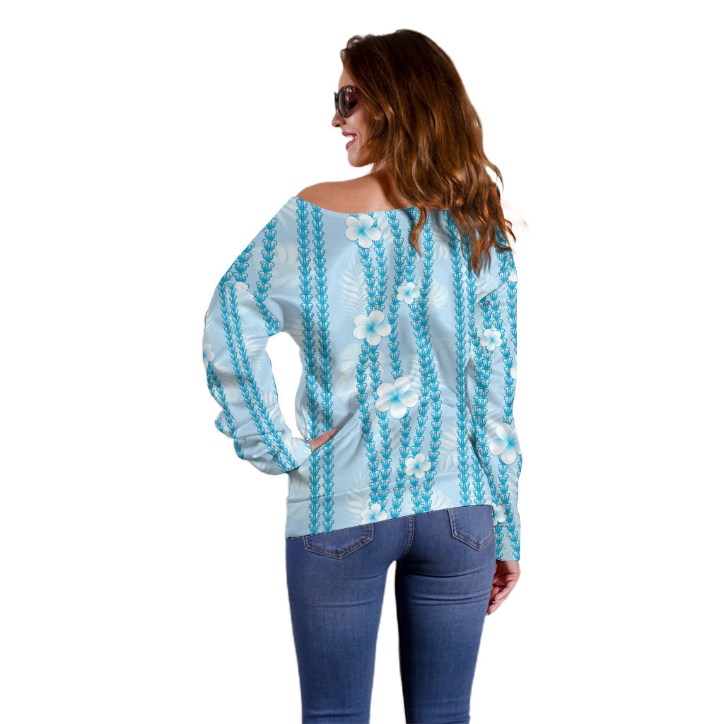 Hawaii Queen Liliuokalani Off Shoulder Sweater Blue Lei Pua Kalaunu LT05 - Polynesian Pride