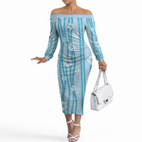 Hawaii Queen Liliuokalani Off The Shoulder Long Sleeve Dress Blue Lei Pua Kalaunu LT05 Women Blue - Polynesian Pride