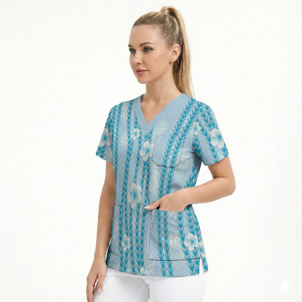 Hawaii Queen Liliuokalani Scrub Top Blue Lei Pua Kalaunu LT05 - Polynesian Pride