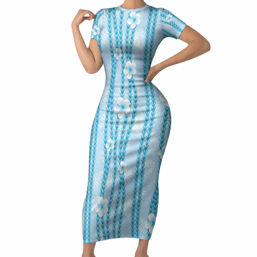Hawaii Queen Liliuokalani Short Sleeve Bodycon Dress Blue Lei Pua Kalaunu
