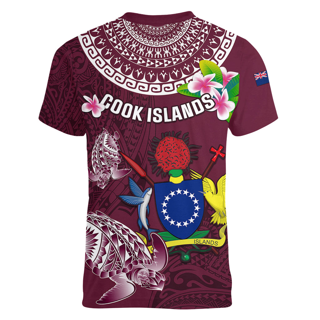 Cook Islands Mangaia Women V Neck T Shirt Coat Of Arms Plumeria Polynesian Turtle LT05 - Polynesian Pride