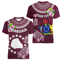 Personalized Cook Islands Mangaia Women V Neck T Shirt Coat Of Arms Plumeria Polynesian Turtle LT05 - Polynesian Pride