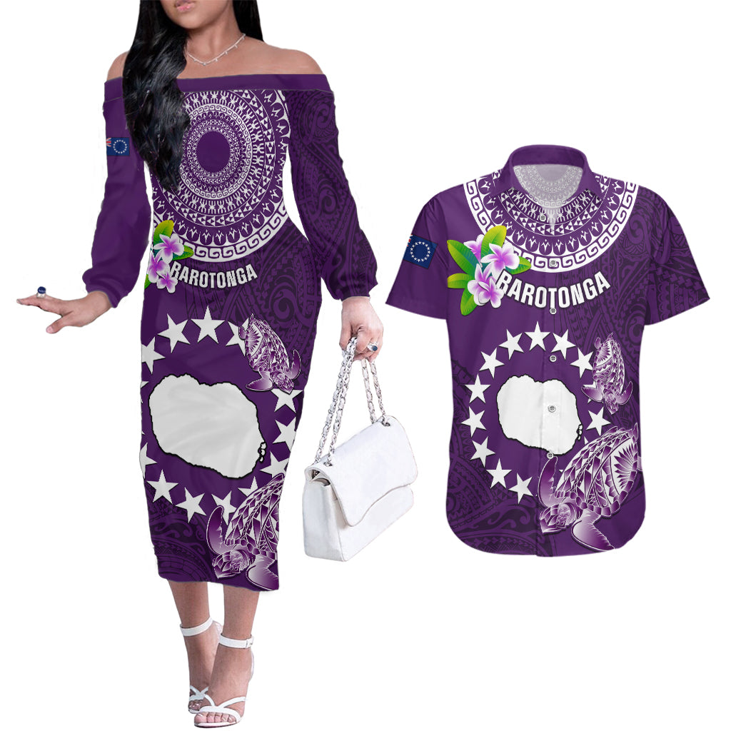 Cook Islands Rarotonga Couples Matching Off The Shoulder Long Sleeve Dress and Hawaiian Shirt Coat Of Arms Plumeria Polynesian Turtle LT05 Purple - Polynesian Pride