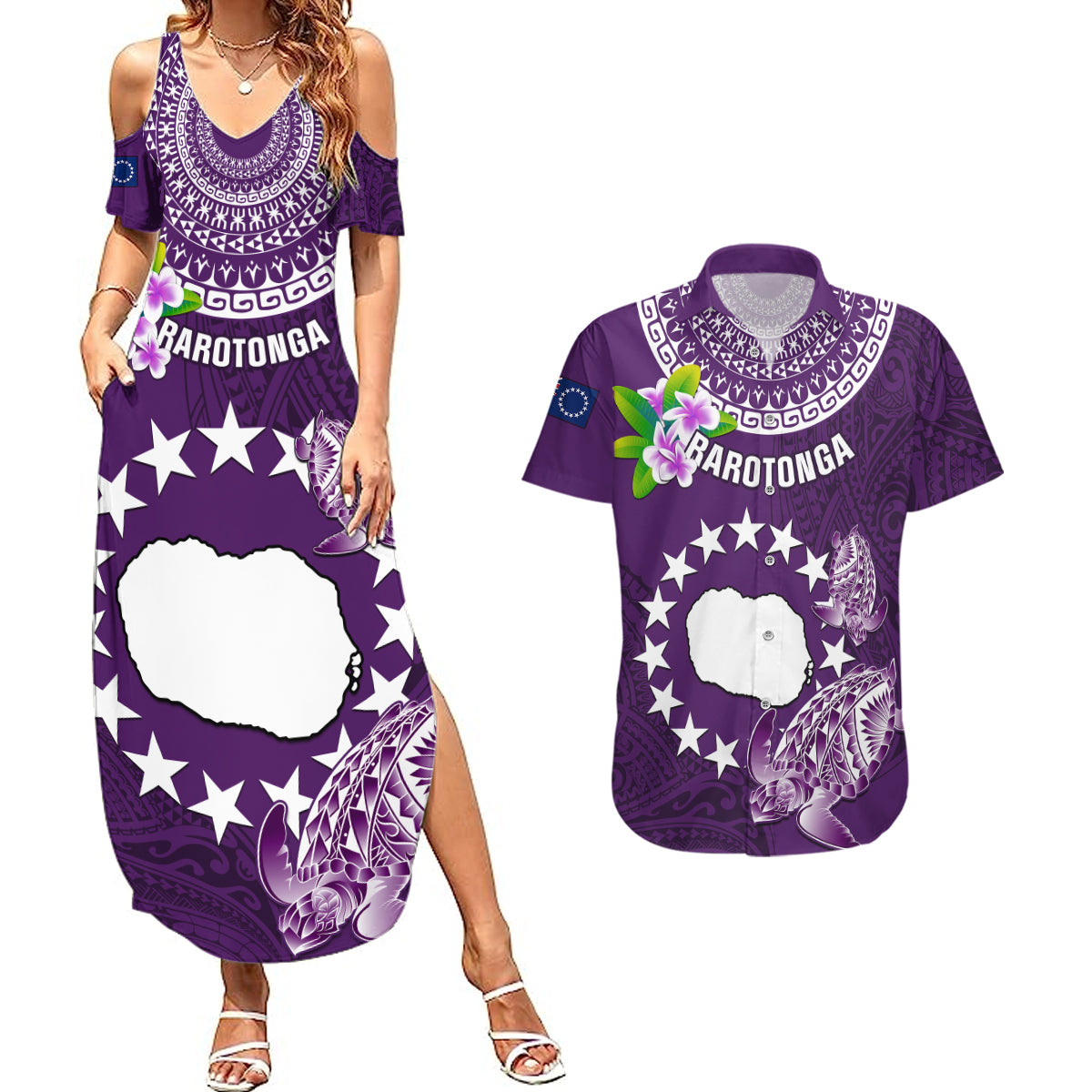 Cook Islands Rarotonga Couples Matching Summer Maxi Dress and Hawaiian Shirt Coat Of Arms Plumeria Polynesian Turtle LT05 Purple - Polynesian Pride