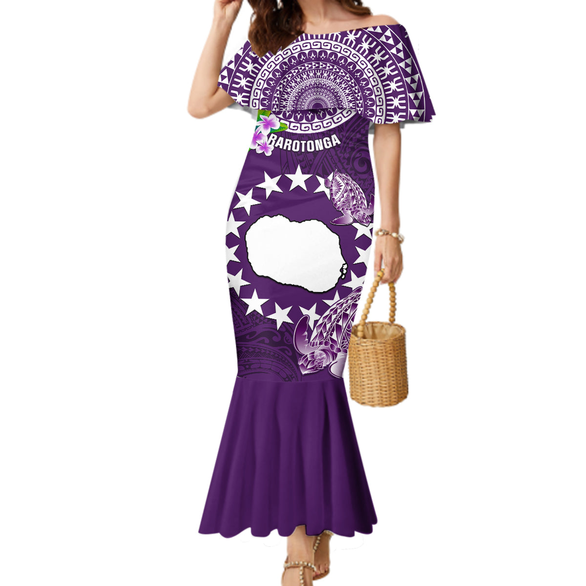 Cook Islands Rarotonga Mermaid Dress Coat Of Arms Plumeria Polynesian Turtle LT05 Women Purple - Polynesian Pride