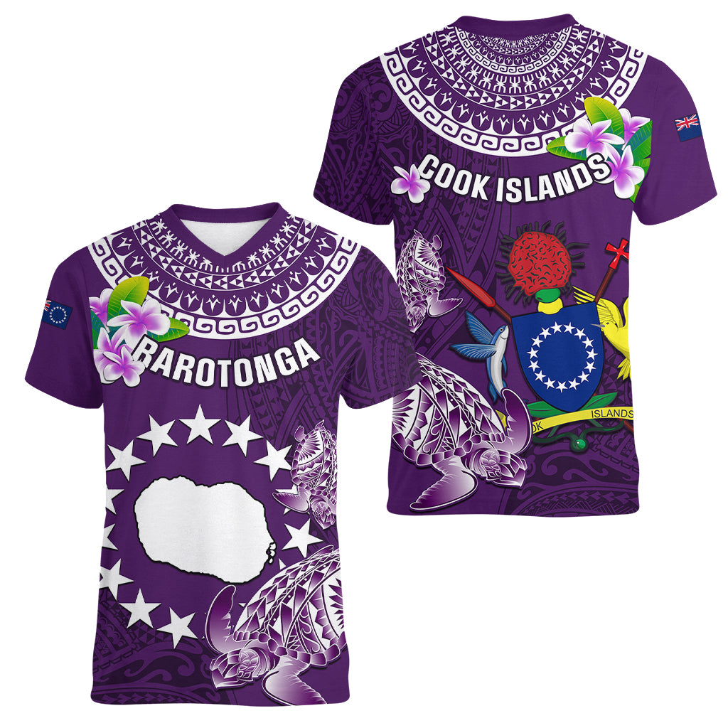 Cook Islands Rarotonga Women V Neck T Shirt Coat Of Arms Plumeria Polynesian Turtle LT05 - Polynesian Pride