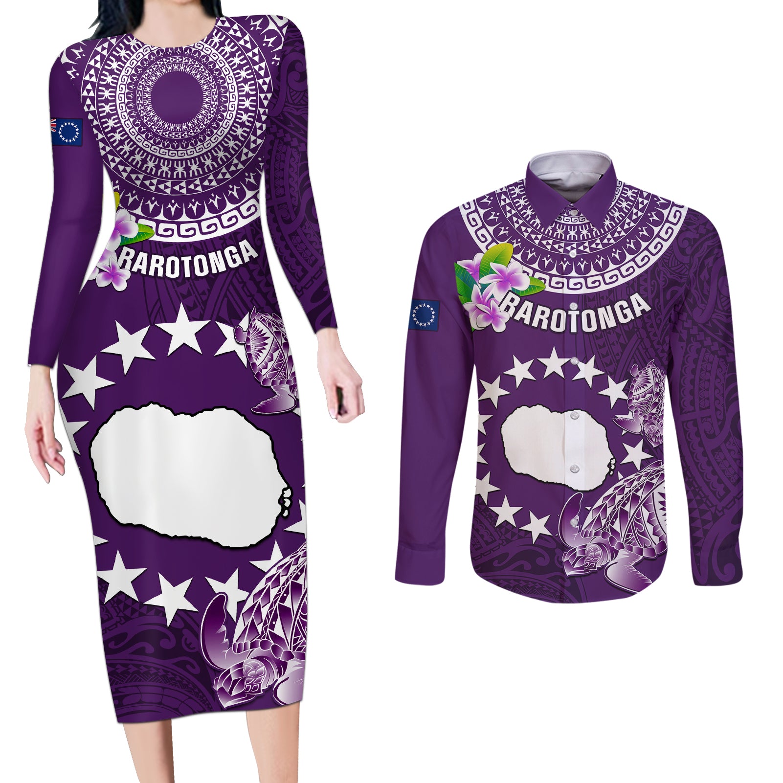 Personalized Cook Islands Rarotonga Couples Matching Long Sleeve Bodycon Dress and Long Sleeve Button Shirts Coat Of Arms Plumeria Polynesian Turtle LT05 Purple - Polynesian Pride