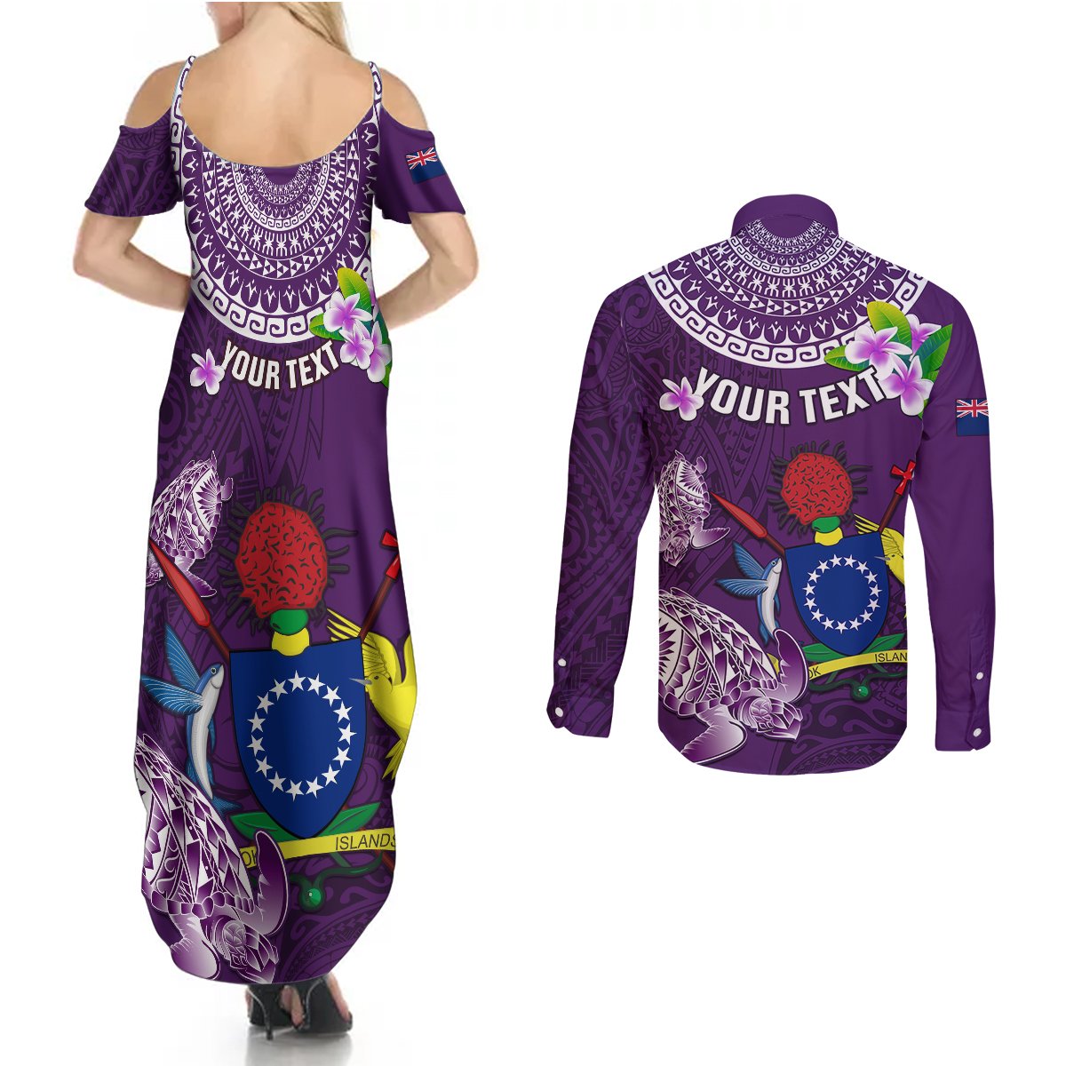 Personalized Cook Islands Rarotonga Couples Matching Summer Maxi Dress and Long Sleeve Button Shirts Coat Of Arms Plumeria Polynesian Turtle LT05 - Polynesian Pride