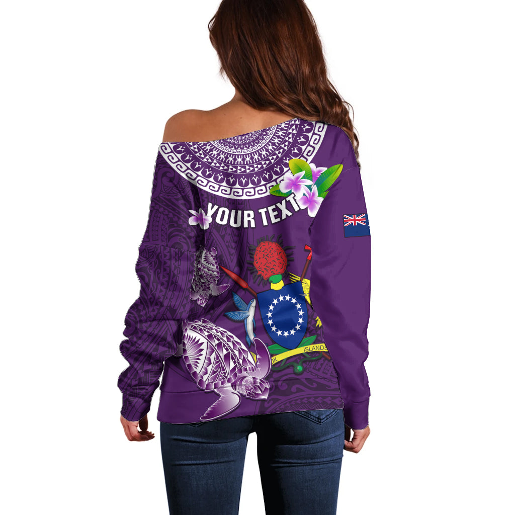 Personalized Cook Islands Rarotonga Off Shoulder Sweater Coat Of Arms Plumeria Polynesian Turtle LT05 - Polynesian Pride