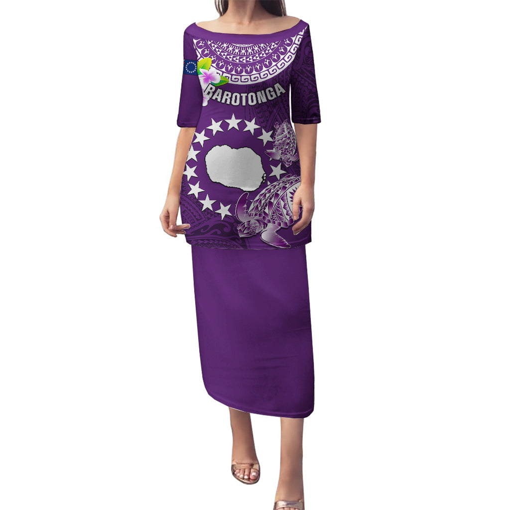 Personalized Cook Islands Rarotonga Puletasi Coat Of Arms Plumeria Polynesian Turtle LT05 Long Dress Purple - Polynesian Pride